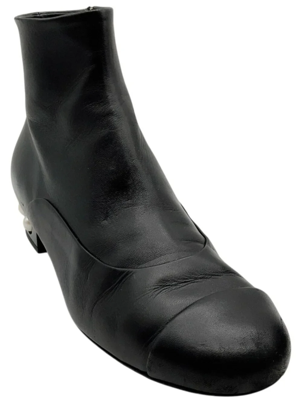 Chanel Black Leather Ankle Boots with Pearl Embellished Heel